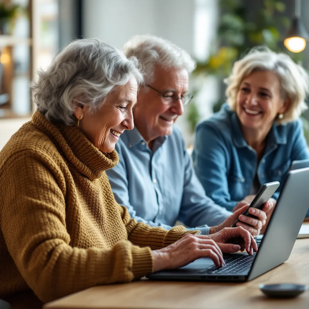 Three older adults sitting together at a table, smiling while using a laptop and a phone.